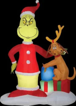 Morris Airblown Grinch & Max With Presents Inflatable Scene - Dr. Seuss Christmas Decorations
