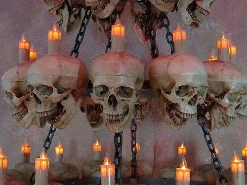 Skeletons And More "Five-Tiered Life-Size Skull Chandelier With 60 Skulls" Haunted House Lighting Horror Movie Props 6 Skeletons And More "Five-Tiered Life-Size Skull Chandelier With 60 Skulls" Haunted House Lighting Horror Movie Props