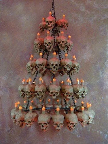 Skeletons And More "Five-Tiered Life-Size Skull Chandelier With 60 Skulls" Haunted House Lighting Horror Movie Props 5 Skeletons And More "Five-Tiered Life-Size Skull Chandelier With 60 Skulls" Haunted House Lighting Horror Movie Props